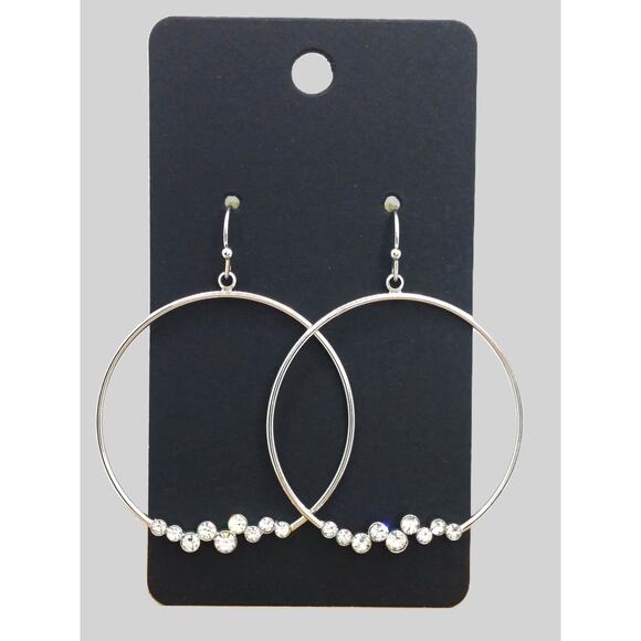 Lia Sophia Large Hoop Earrings Cut Crystal Silver Tone Vintage Dangle Drop Boho - Picture 1 of 11